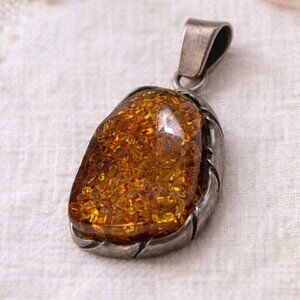 Vintage Sterling Silver & Genuine Amber Pendant | 925 Marked | Natural Baltic